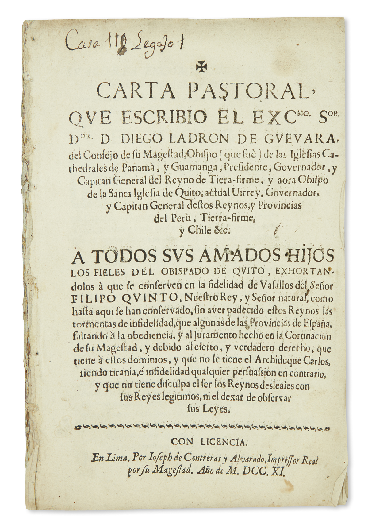 (PERU.) Ladron de Guevara, Diego. Carta pastoral . . . a todos sus amados hijos los fieles del obispado de Quito.